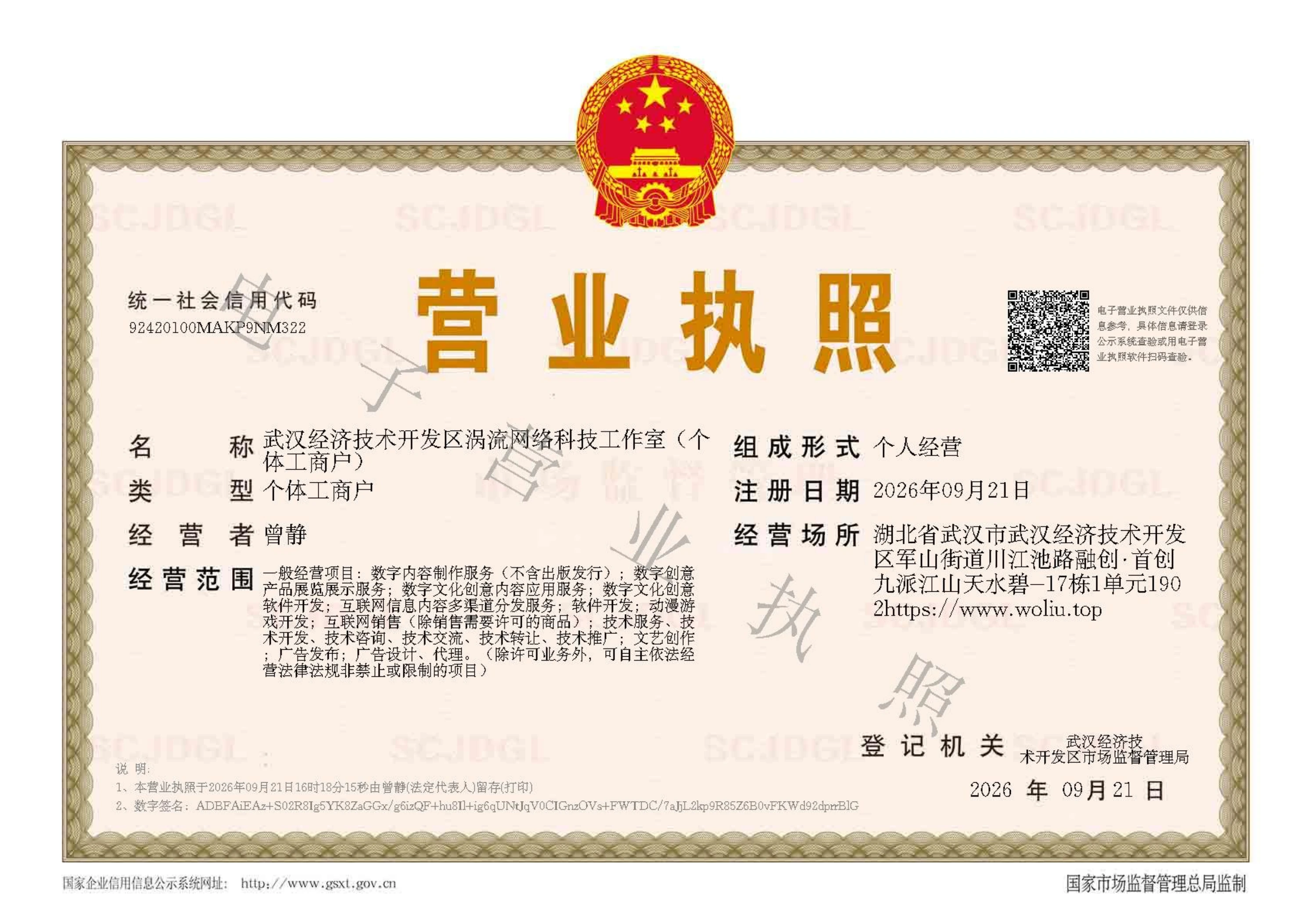 涡流网运营者营业执照
